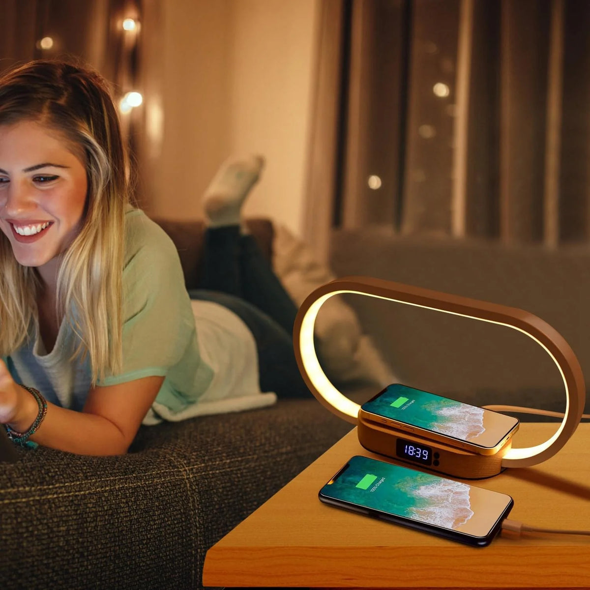 Bedside Lamp with Clock and Wireless Charger