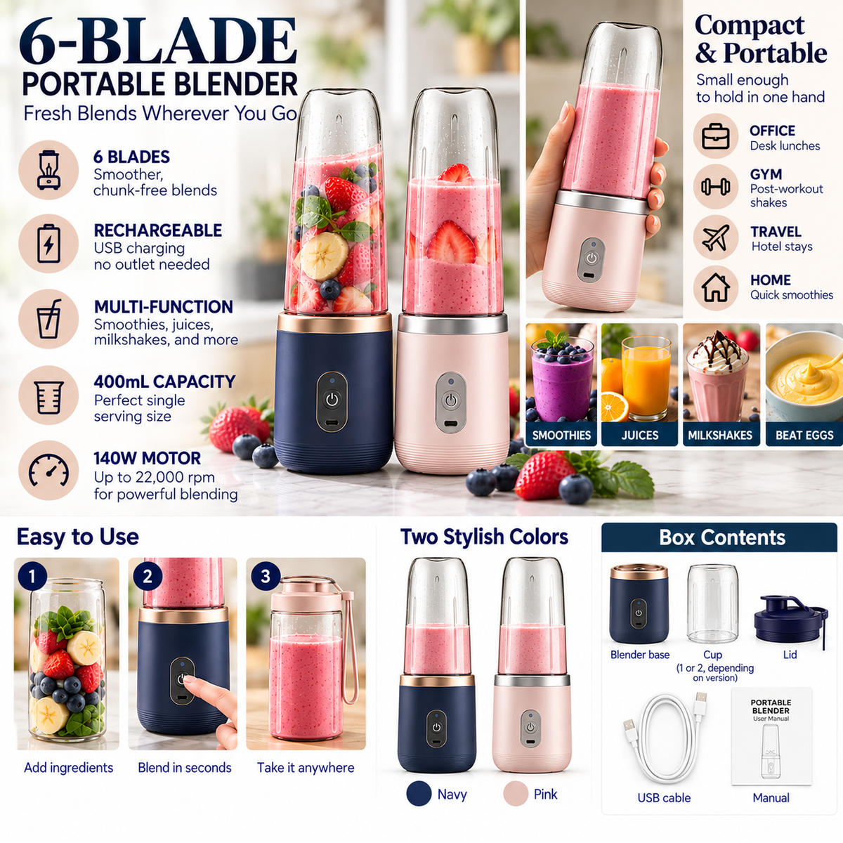 Infographic of the 6-blade portable blender showing features, uses, how to use it, colors and box contents