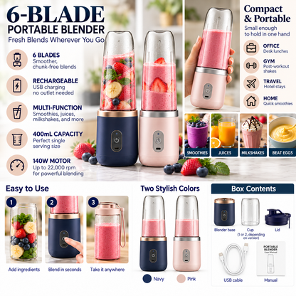 Infographic of the 6-blade portable blender showing features, uses, how to use it, colors and box contents