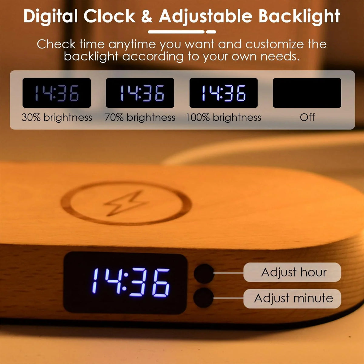 Bedside Lamp with Clock and Wireless Charger