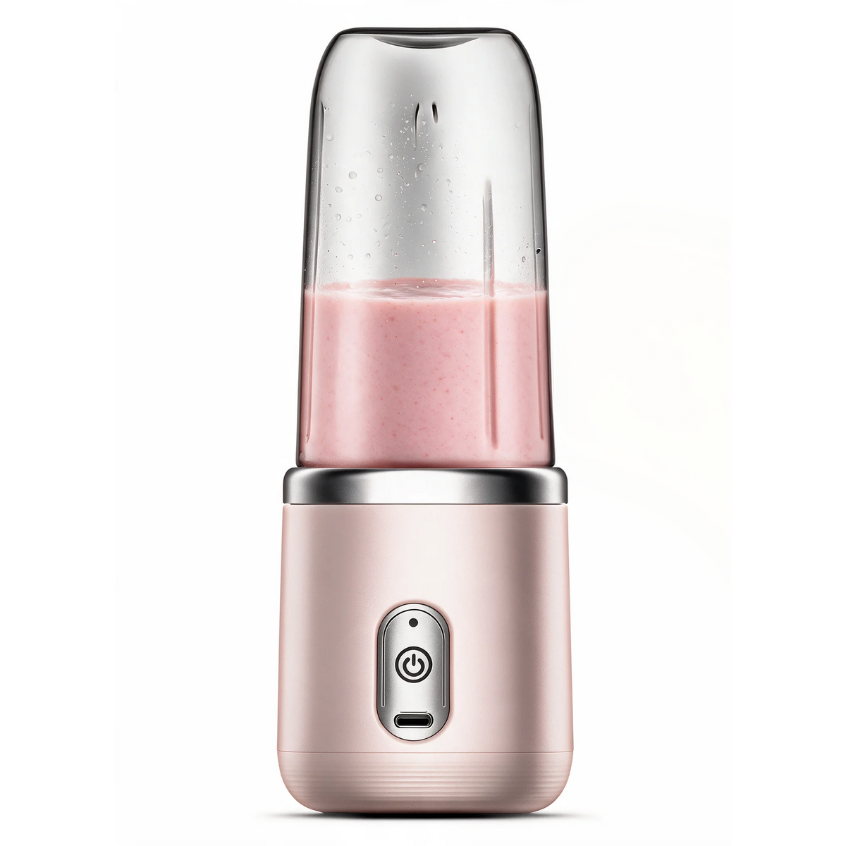 Pink 6-blade portable blender on a white background