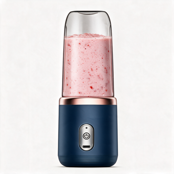 Navy 6-blade portable blender filled with a pink smoothie, on a white background