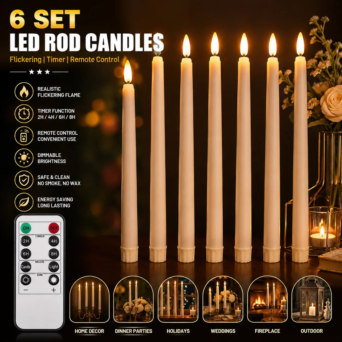 Flameless LED Taper Candles, Set of 6 with Remote