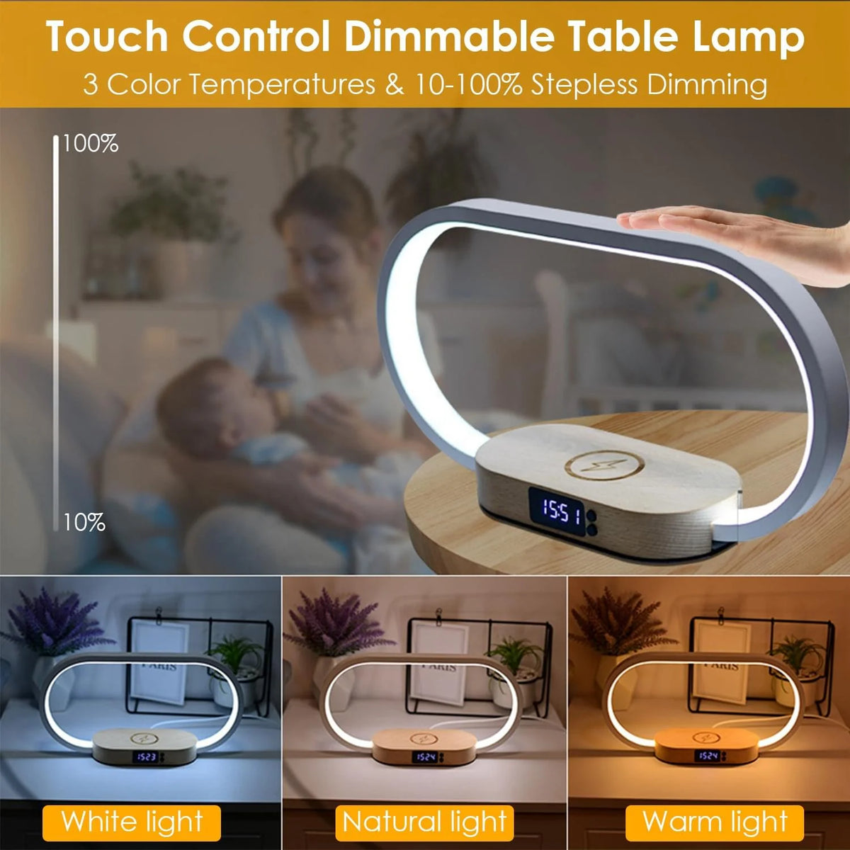 Bedside Lamp with Clock and Wireless Charger
