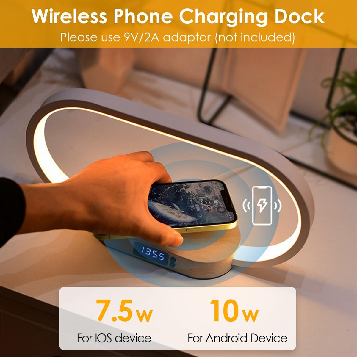 Bedside Lamp with Clock and Wireless Charger