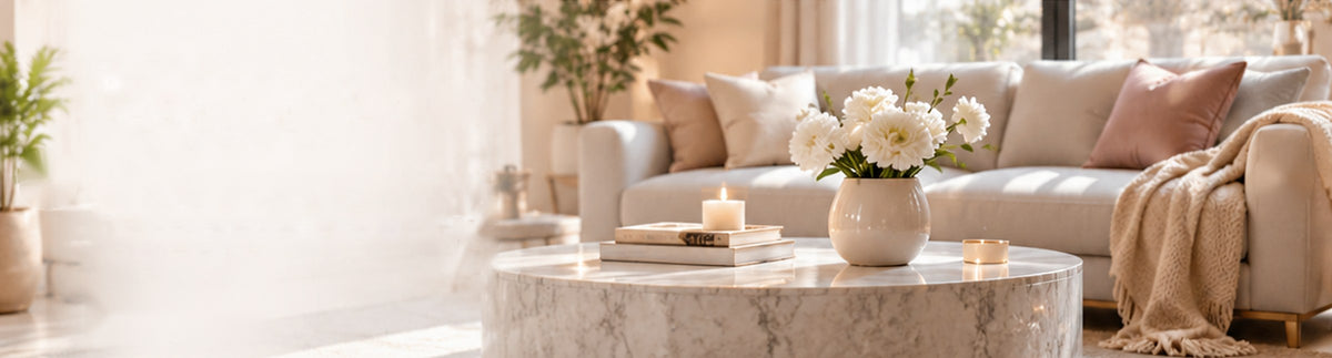Cozy blush living room with sofa and marble coffee table
